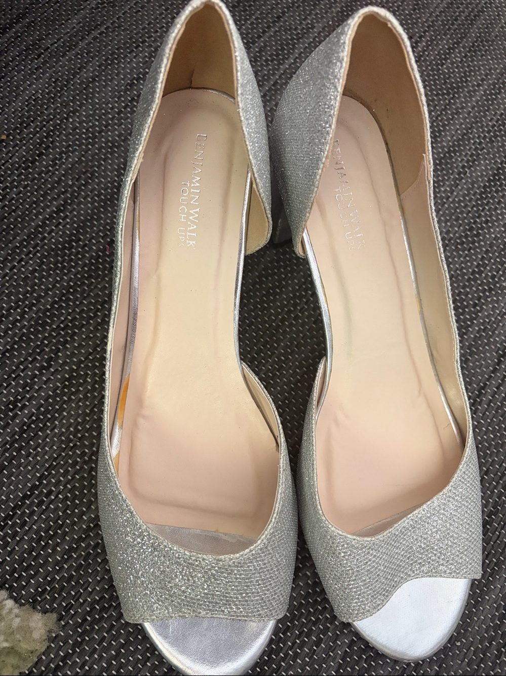 Benjamin Walk Silver Glitter Open-Toe Block Heel Pumps